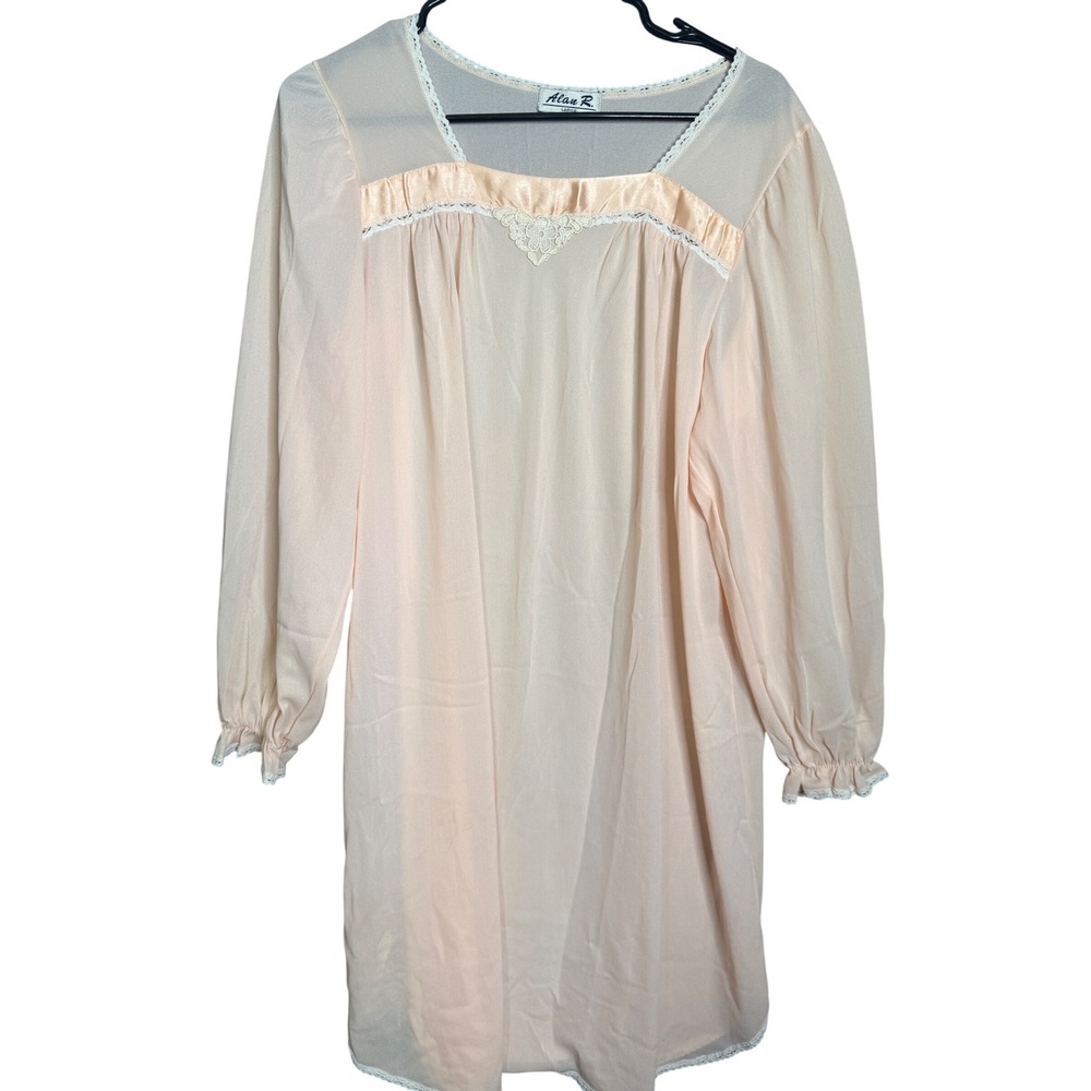 Alan R Vintage Peach Sheer Nightgown Lace Trim Long Sleeve Large